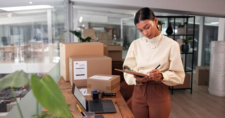 Checklist, shipping and writing with business woman in office for courier delivery, logistics schedule or inventory. Quality control, client feedback and ecommerce cargo with person in startup