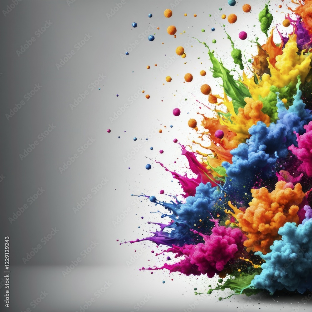 Poster dynamic explosion of colorful paint splashes creating an abstract and lively atmosphere, fire partic