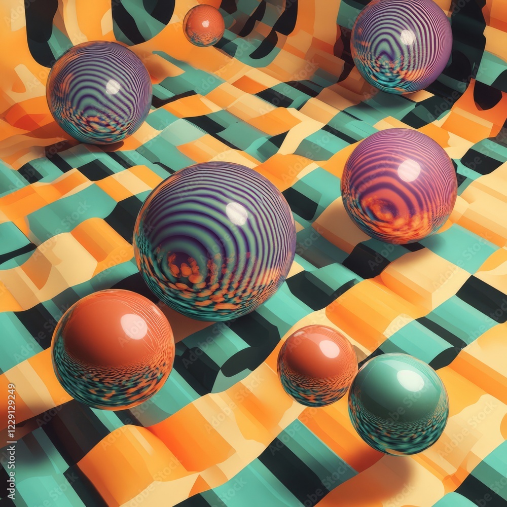 Poster a bunch of colorful balls are scattered across a patterned background. the balls are of different si