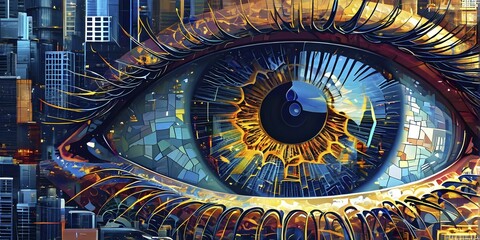 Fototapeta premium Illustration mosaic collage of an abstract detailed eye morphing into urban cityscape, AI generated