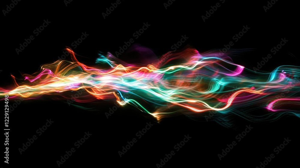 Poster Vibrant and Colorful Abstract Light Trails in Motion Against a Black Background Highlighting Fluid Energy and Dynamic Movement for Artistic and Creative Use