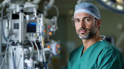 Anesthesiologist in Green Scrubs Beside Advanced Ventilator Equipment in a Hospital (Healthcare)