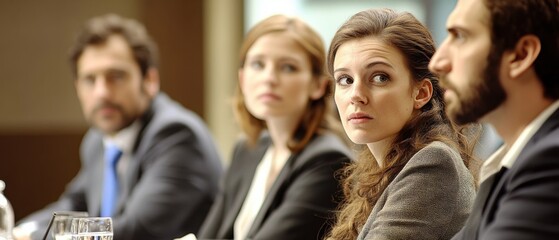 White woman with long brown hair looking sideways with a concerned expression during a business meeting with three other adults in a conference room Concept of corporate, teamwork, and communication
