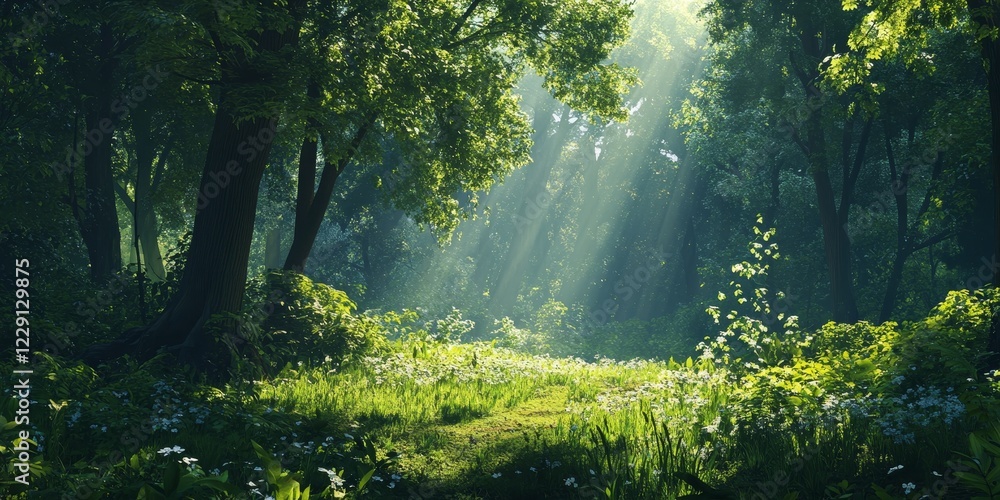 Poster a bright sunny day in a forest with a tree in the foreground. the sunlight is shining through the tr