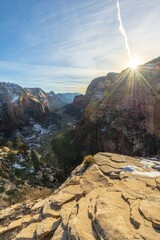 Naklejka premium View from Angels Landing into Zion Canyon with Virgin River, Angels Landing Trail, in Winter, Mountain Landscape, Zion National Park, Utah, USA, North America