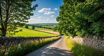 Fototapeta premium A picturesque countryside road winds gently through vibrant fields of wildflowers in full bloom and yellow blossoms swaying in the breeze...