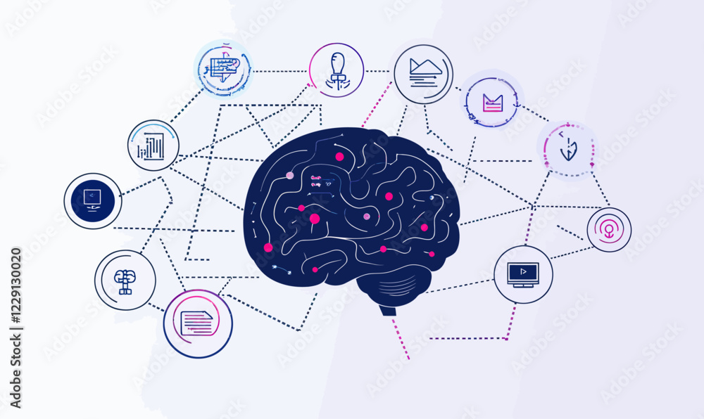 Poster digital ai brain concept with interactive icons representing chatbot technology