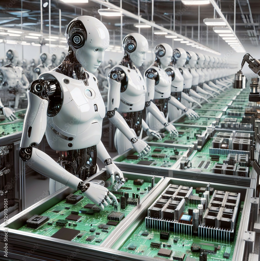 Poster humanoid robots assemble circuits on an assembly line in a factory, symbolic image cybernetics, scie