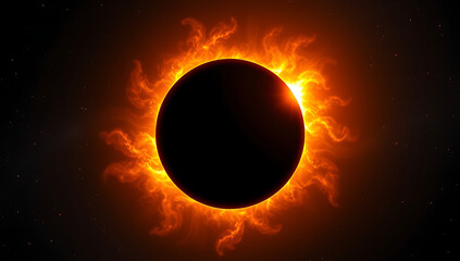 Naklejka premium A mesmerizing depiction of a solar eclipse with an intense halo effect, where the glowing corona burns with fiery orange and gold light against a dark cosmic sky.