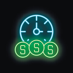 Neon sign illustrating the concept of time being money with a clock ticking over three coins