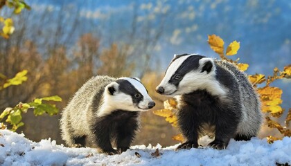 Obraz premium KI generated, animal, animals, mammal, mammals, biotope, habitat, two, autumn, autumn leaves, the first snow, foraging, wildlife, european badger (Meles meles), snow, winter, ice