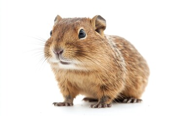 A small rodent stands on a white surface, possibly a mouse or rat