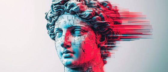 Digital glitch art of a male classical sculpture head with red and blue color effect, concept of modern art, technology, and ancient history