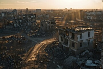Fototapeta premium Aerial perspective of destroyed village ruins with crumbling building structures, AI generated