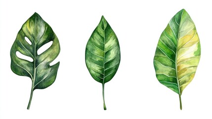 Obraz premium Watercolor tropical leaves with a white background for text, vector illustration clipart design elements with blank space in the middle