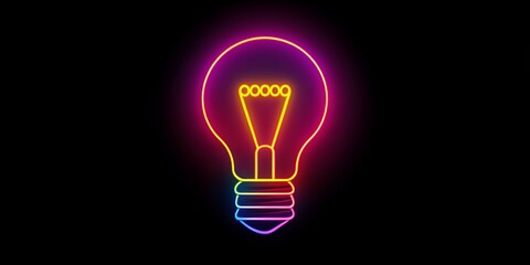 Obraz premium Neon Light Bulb on Black Background Illuminating with Vibrant Colors in a Minimalist Design