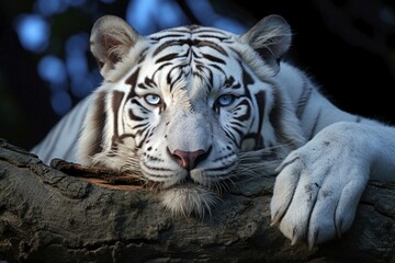 Obraz premium Portrait, white tiger on a branch, AI generated