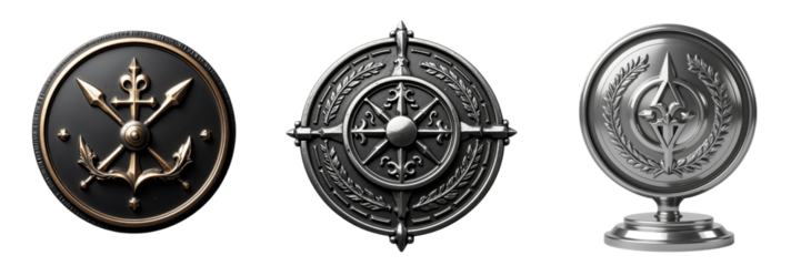 Polished Metal Emblems Showcasing Nautical and Heraldic Symbols