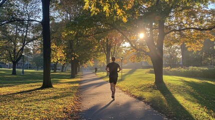 Fototapeta premium Morning jogging action in sunlit park outdoor lifestyle scene nature serenity perspective wellbeing
