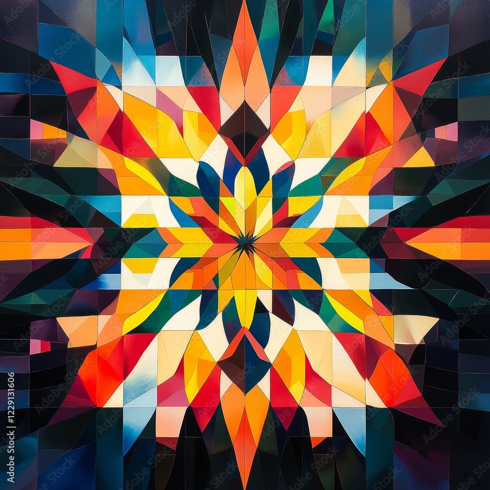 Poster a colorful abstract painting of a flower with many different colored shapes. the painting is made up