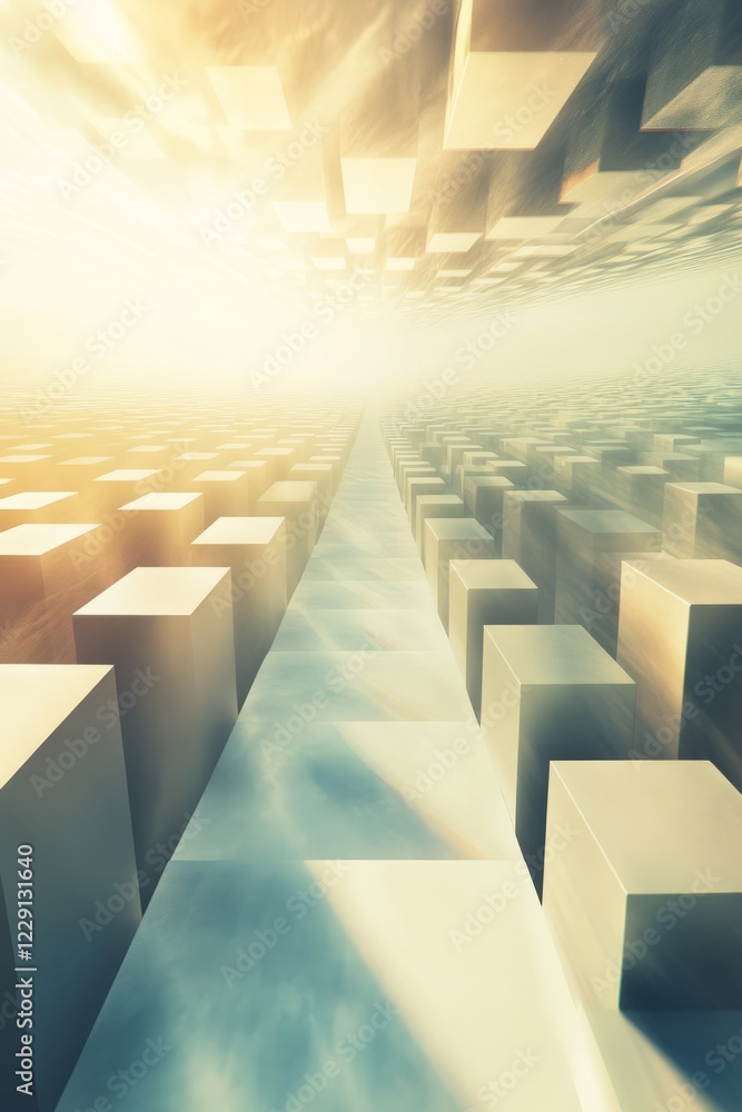 Poster a mesmerizing view of a futuristic landscape featuring endless geometric structures under a surreal,