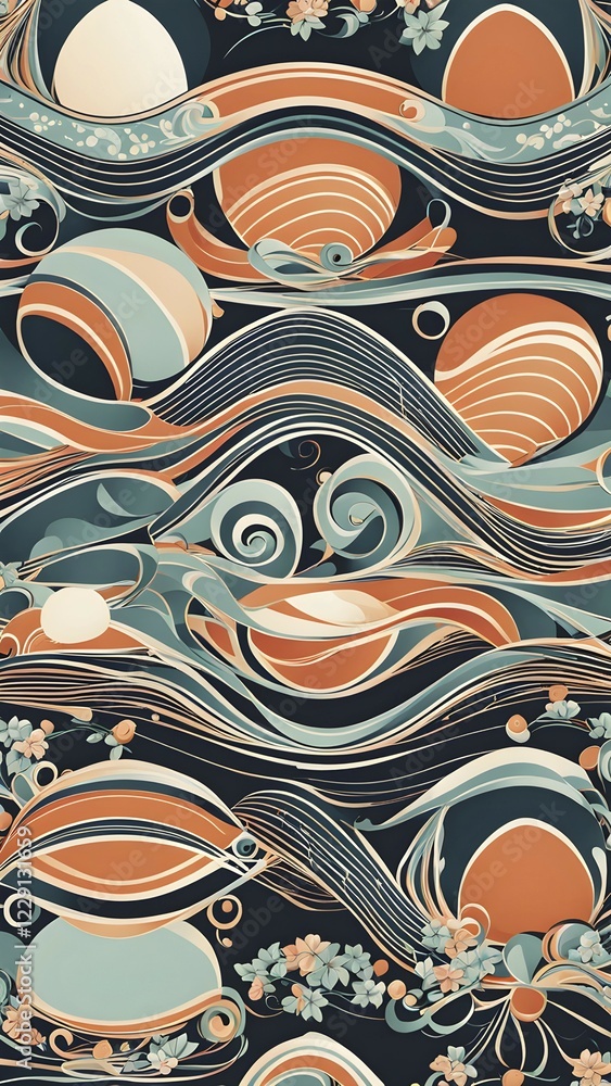Poster a whimsical abstract pattern with intertwined ribbons, eggs, and floral motifs, with a mix of sharp 