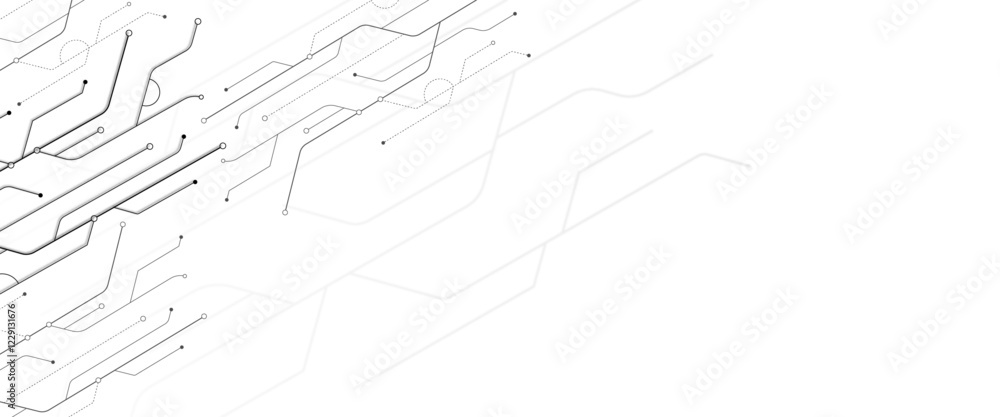 Fototapete Vector Technology connected white lines and dots with electronics elements on tech bg. Digital technology futuristic internet network speed connection white background.