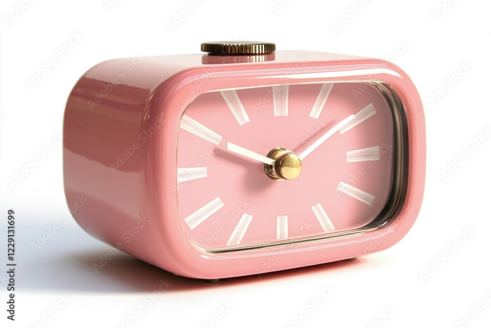 Poster a pink clock sits on a table, providing a pop of color and functionality