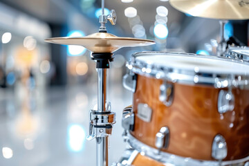Obraz premium Close-up of a brown drum set with cymbals in a bright modern indoor space, with soft bokeh lights creating a vibrant and artistic atmosphere. 