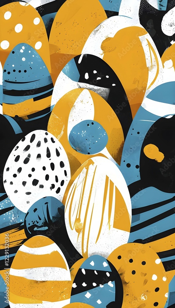 Poster illustration of an abstract easter egg design with geometric patterns, bold colors, and a mix of tex