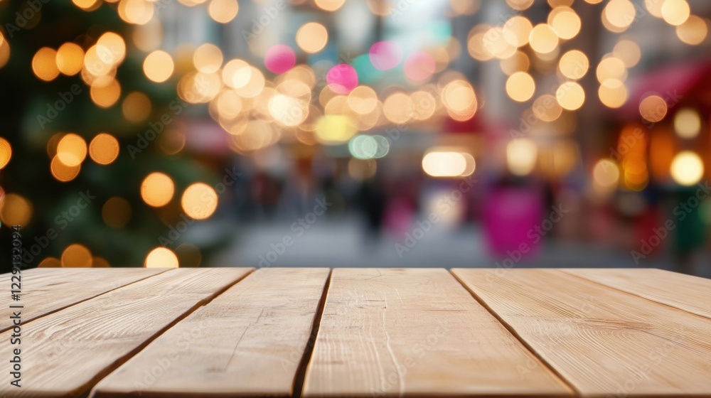 Poster a wooden table stands out in focus with a soft bokeh light background, creating a warm and inviting 