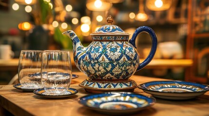 Fototapeta premium Ornate teapot and tea set on wooden table.