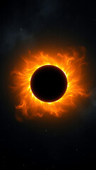 Obraz premium A mesmerizing depiction of a solar eclipse with an intense halo effect, where the glowing corona burns with fiery orange and gold light against a dark cosmic sky.