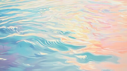 Fototapeta premium A painting of water with a blue and pink color. The water is calm and still. The painting is of a lake or ocean
