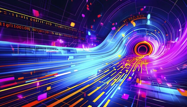 Abstract data stream flowing like liquid light, with sharp lines of code and binary numbers cascading in bright neon colors, AI generated