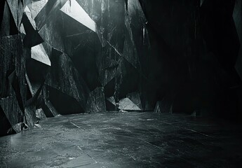 3D render of a dark gray low-poly background with geometric shapes