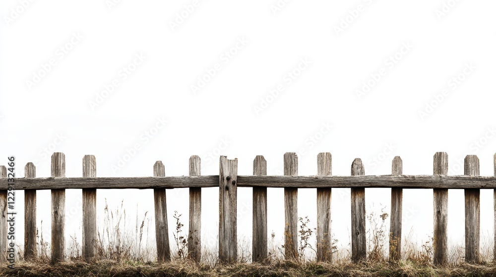 Poster a wooden fence with a few boards missing. the fence is old and weathered. the fence is in a field wi