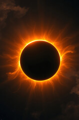 Naklejka premium A mesmerizing depiction of a solar eclipse with an intense halo effect, where the glowing corona burns with fiery orange and gold light against a dark cosmic sky.