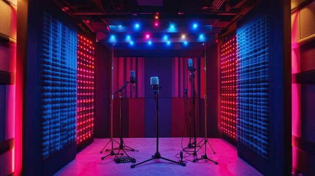Three microphones in a sound studio with red and blue lights.