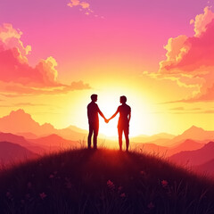 Fototapeta premium Silhouette of a Couple Holding Hands on a Mountain Ridge with a Scenic Sunset Backdrop