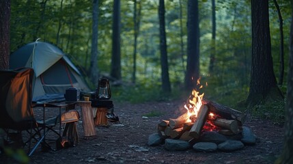 Scenic view of a camping setup with a tent and campfire in a serene outdoor setting. Emphasizing relaxation and outdoor enjoyment. Ideal for leisure and lifestyle content.