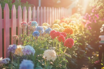 Colorful hydrangea flowers blooming along a pink picket fence in bright sunlight, creating a cheerful garden scene