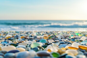 Obraz premium Smooth colorful sea glass on a pebble beach with golden light