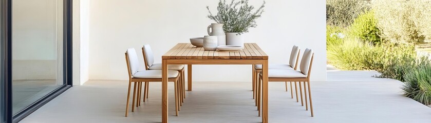 Minimalist outdoor dining set with wide teak planks and slim chairs