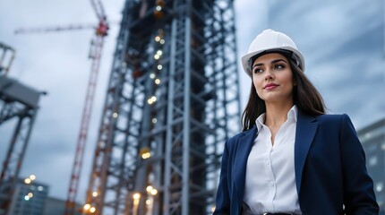 Confident Female Civil Engineer at a Modern Skyscraper Construction Site (Industry)