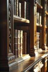 Obraz premium Sunlight bathing an empty modern library with rows of sleek bookshelves, AI generated
