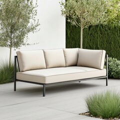 Minimalist outdoor sofa with a streamlined frame and neutral cushions
