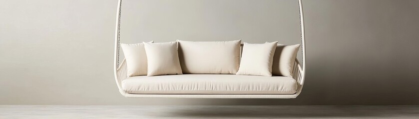 Minimalist outdoor swing with slim metal frame and neutral cushions
