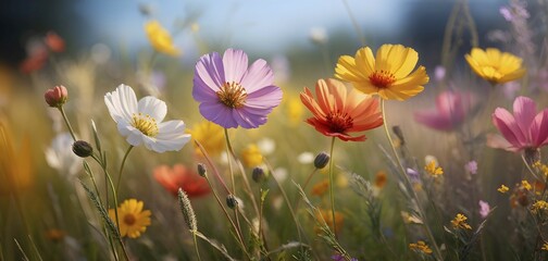 Wildflowers in a meadow, with a soft breeze slightly moving the petals, creating a serene and lively atmosphere, AI generated