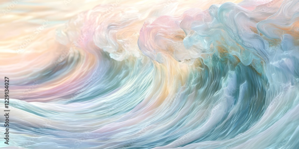 Poster abstract digital artwork featuring pastel waves in motion, creating a soothing and tranquil atmosphe
